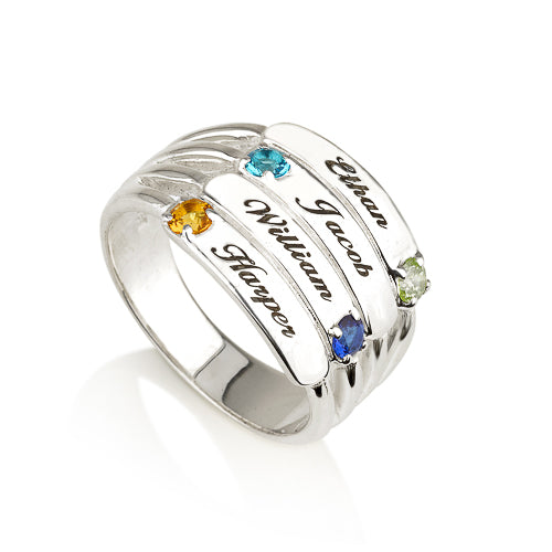 Personalised Four Name Plates and Birthstones Stacker Ring