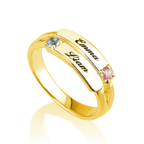 Personalised Two Name Plates and Birthstones Stacker Ring