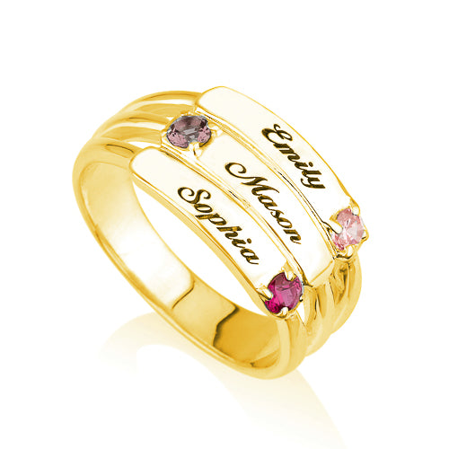 Personalised Three Name Plates and Birthstones Stacker Ring