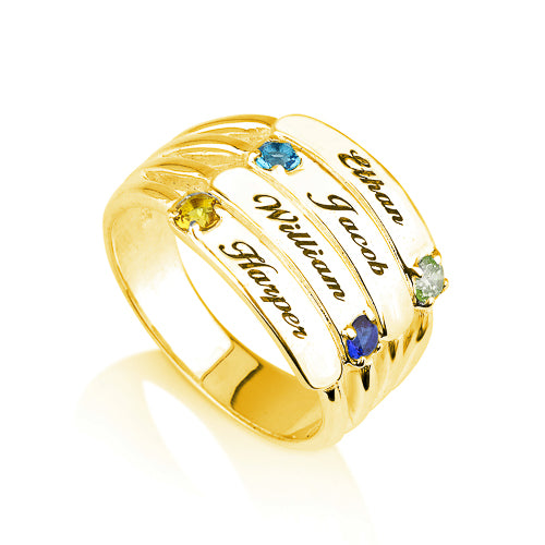 Personalised Four Name Plates and Birthstones Stacker Ring