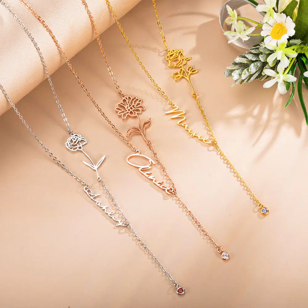 Personalised Birth Flower Name Necklace with Birthstone