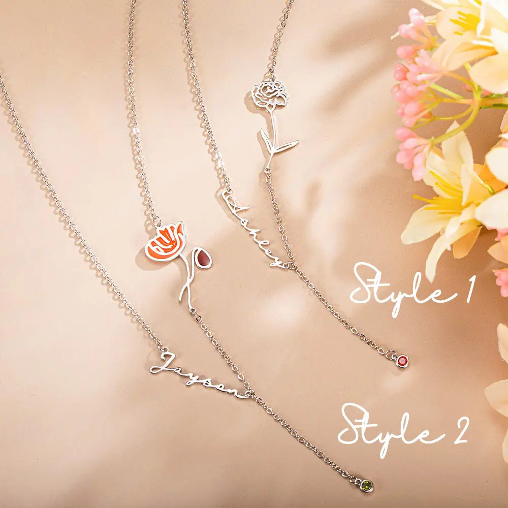 Personalised Birth Flower Name Necklace with Birthstone