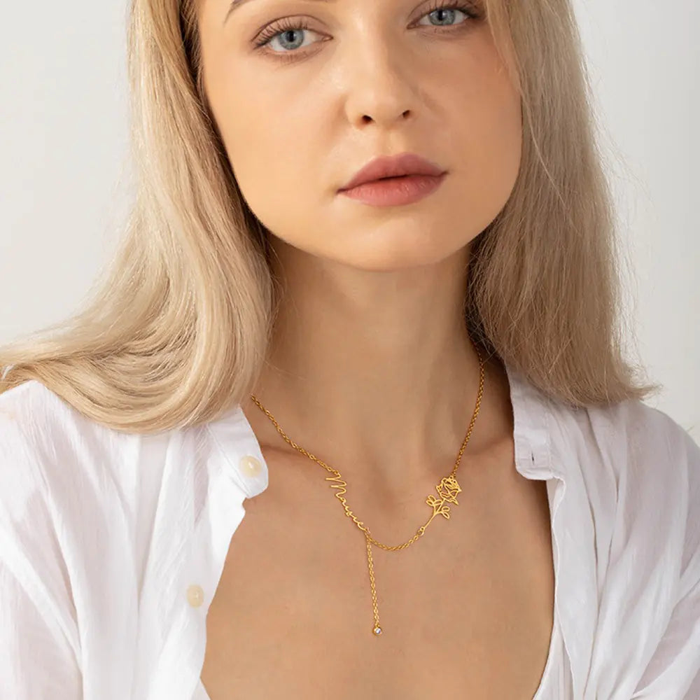 Personalised Birth Flower Name Necklace with Birthstone
