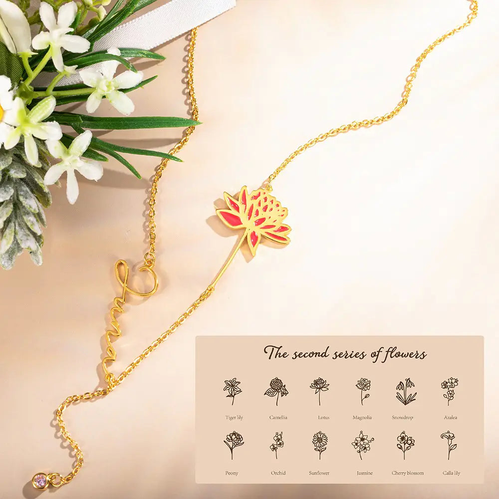 Personalised Birth Flower Name Necklace with Birthstone