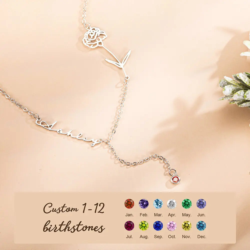 Personalised Birth Flower Name Necklace with Birthstone