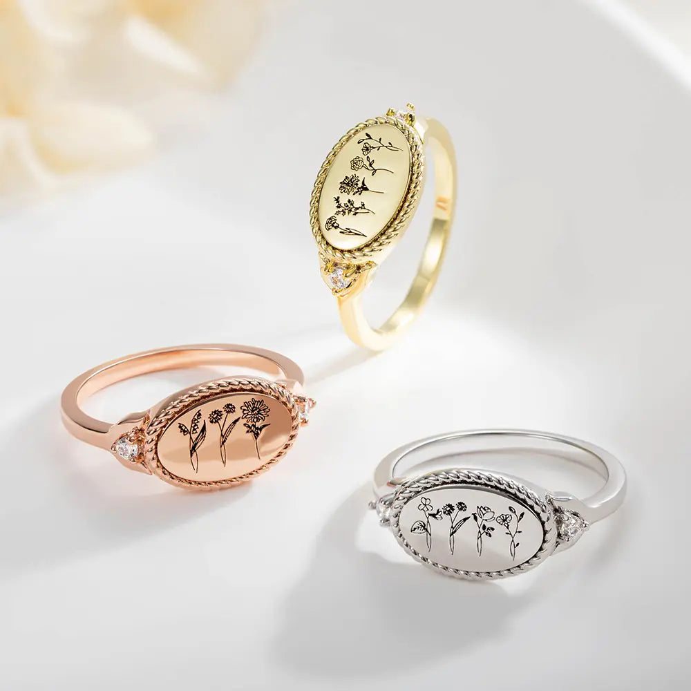 Personalised Birth Flower Bouquet Zircon Ring