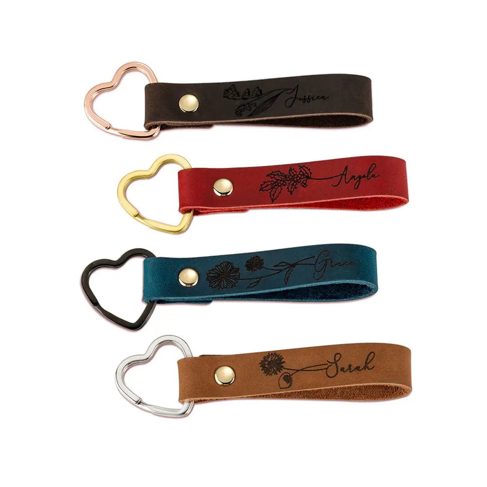 Personalised Birth Flower Leather Heart Keyring