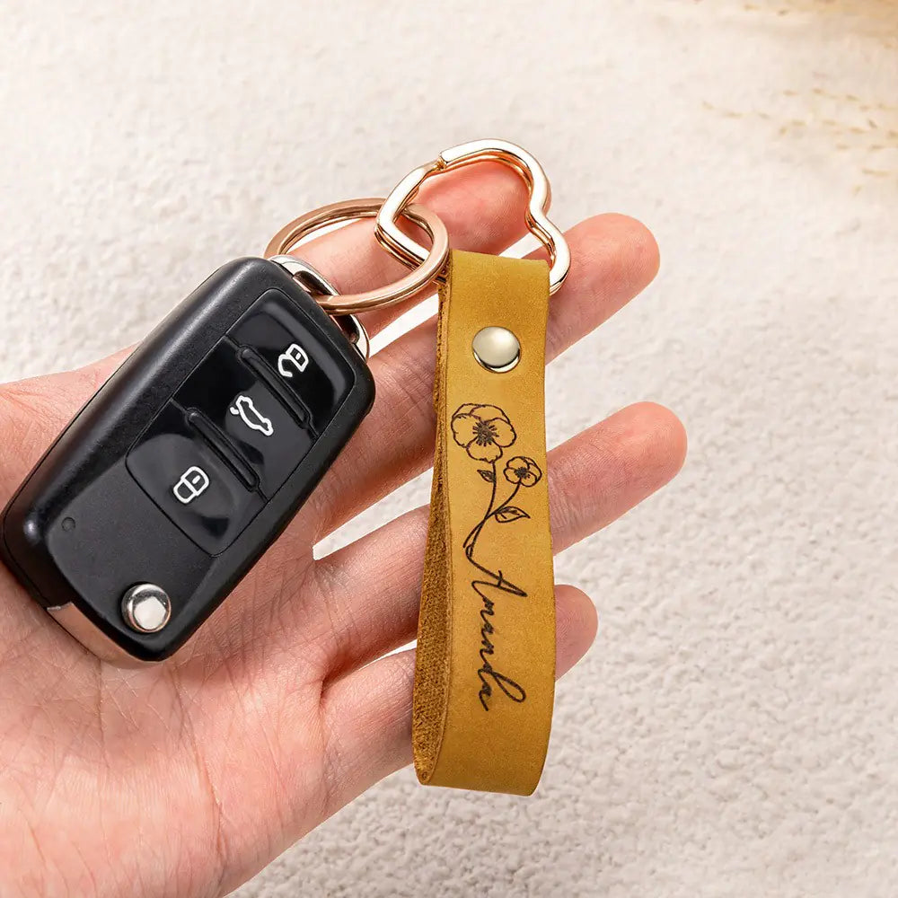 Personalised Birth Flower Leather Heart Keyring