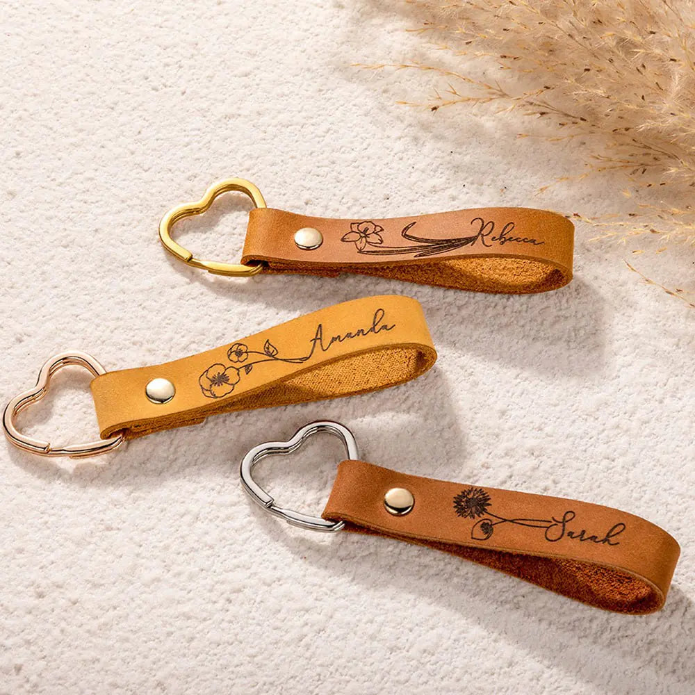 Personalised Birth Flower Leather Heart Keyring