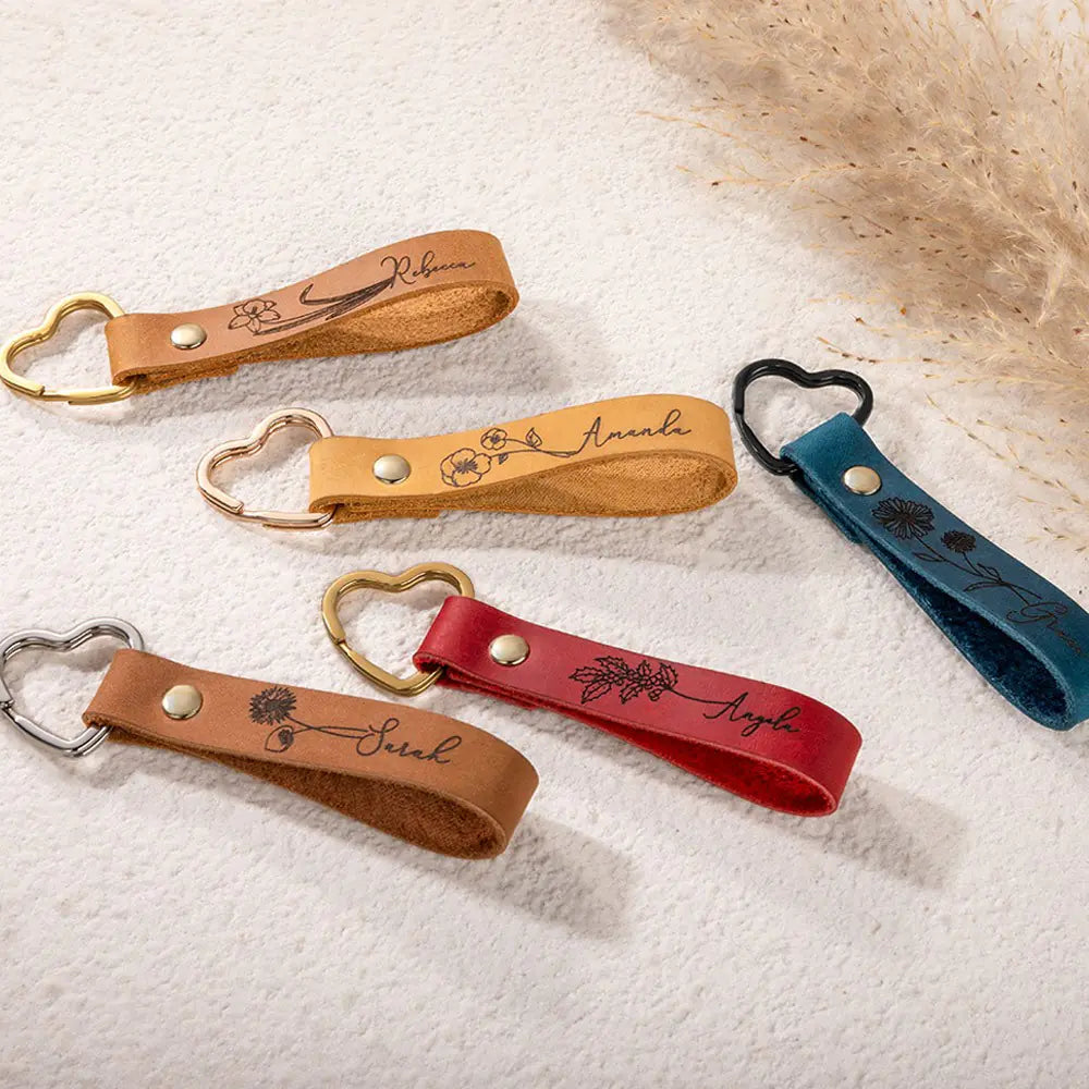 Personalised Birth Flower Leather Heart Keyring
