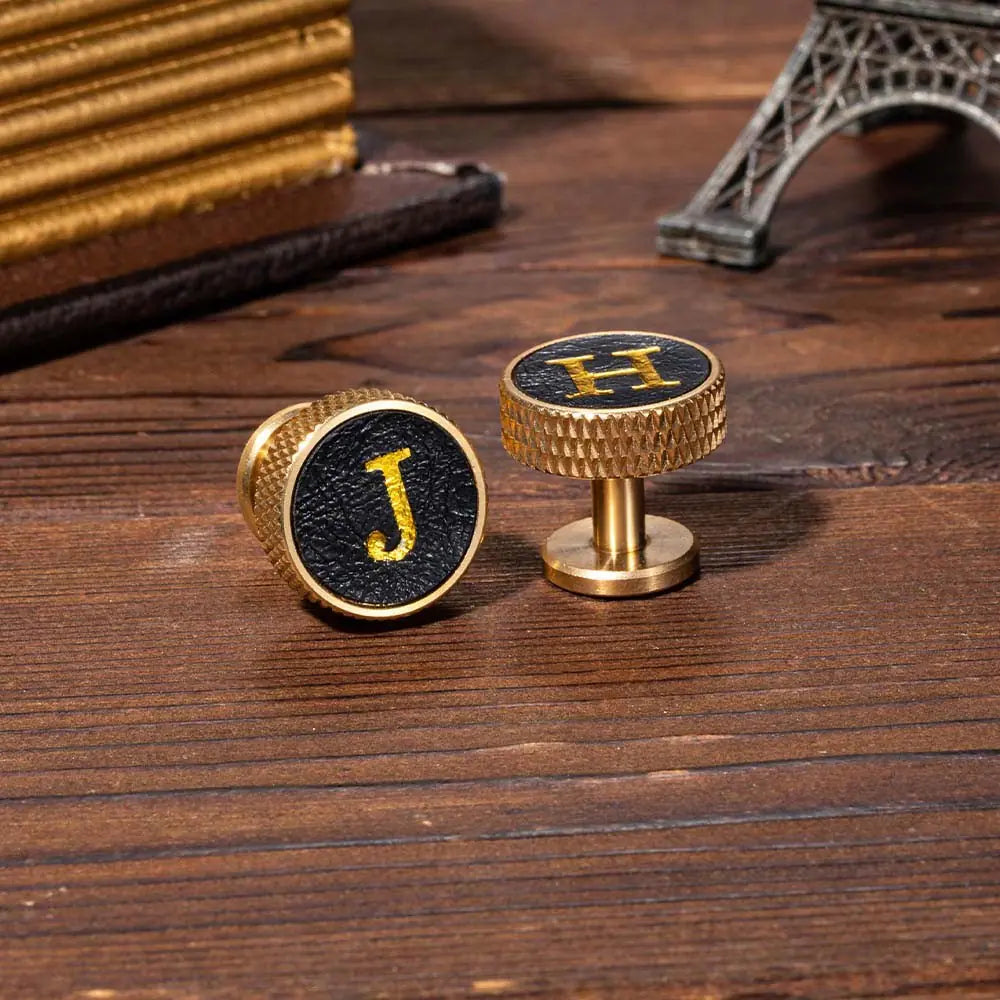 Personalised Knurled Brass Leather Initials Cufflinks