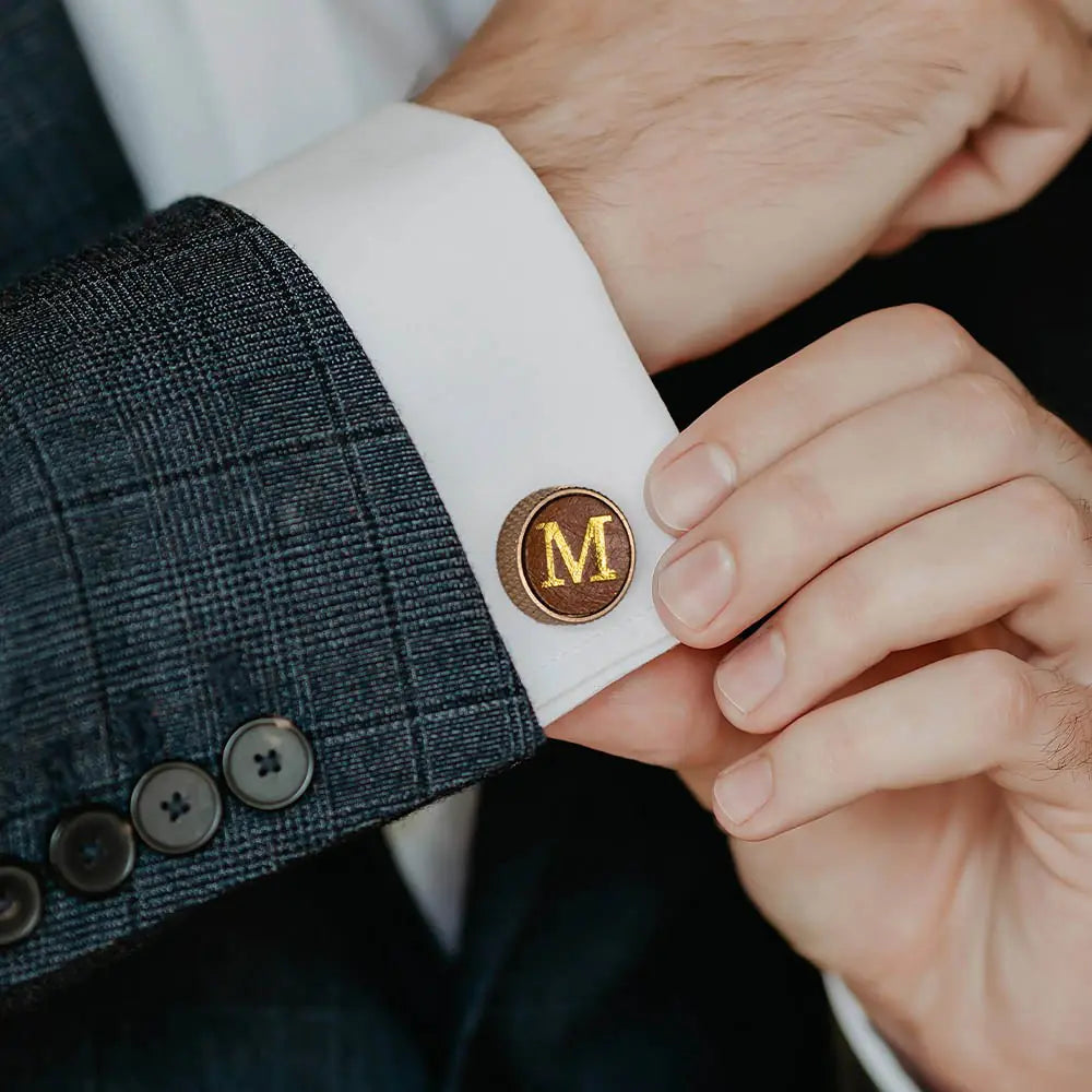 Personalised Knurled Brass Leather Initials Cufflinks