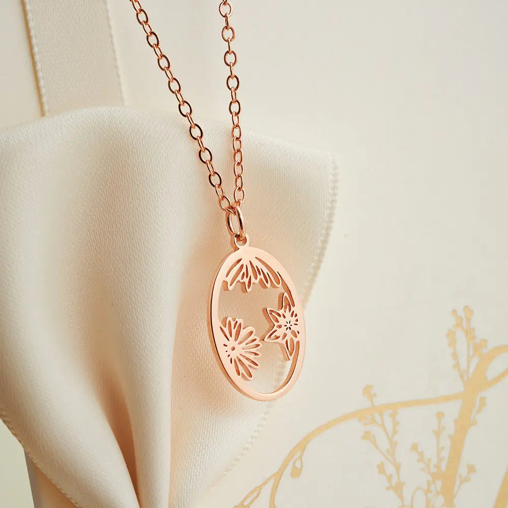 Oval Birth Flower Personalised Necklace