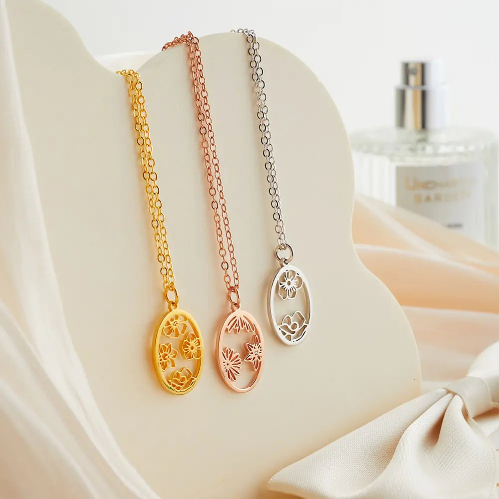 Oval Birth Flower Personalised Necklace
