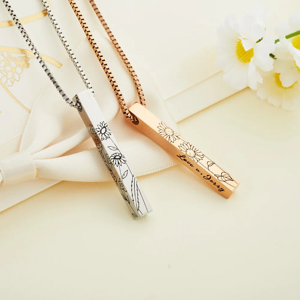 Birth Flower 4 Sided Personalised Bar Necklace
