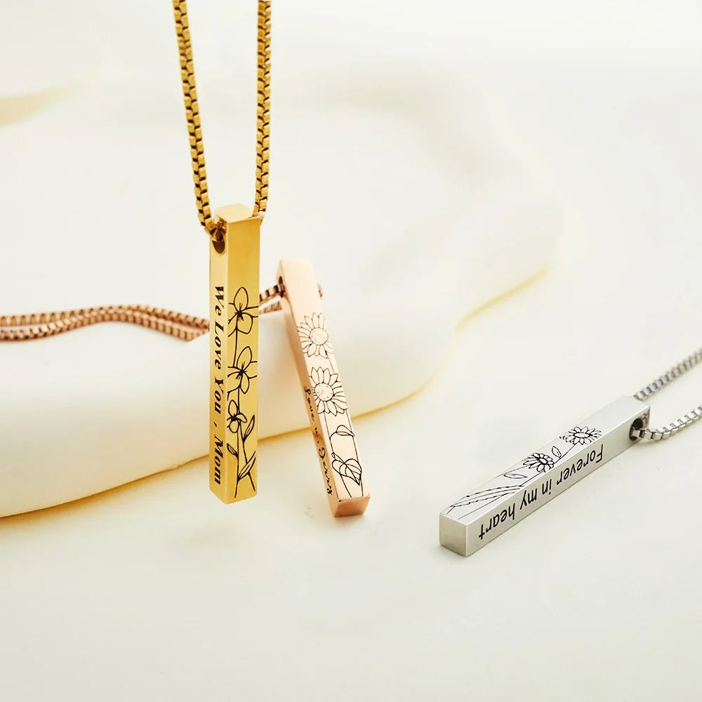 Birth Flower 4 Sided Personalised Bar Necklace
