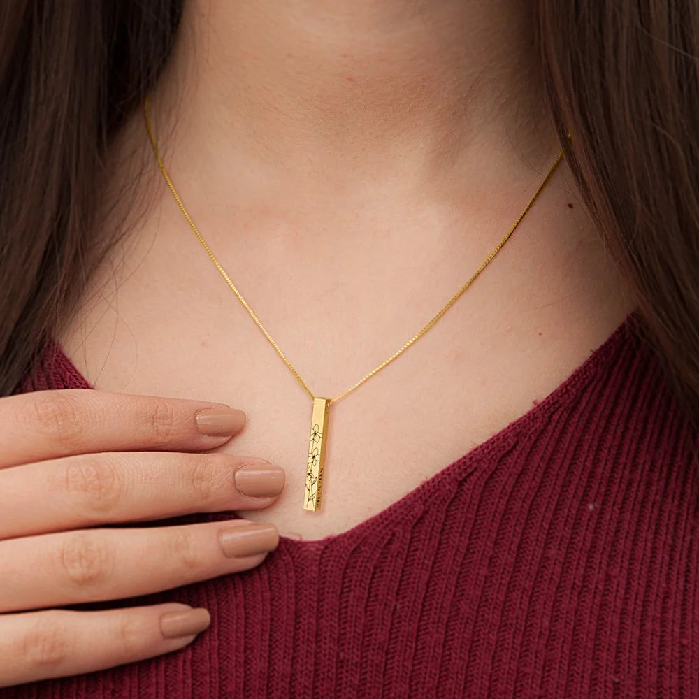 Birth Flower 4 Sided Personalised Bar Necklace