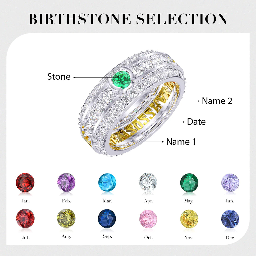 Premium Personalised Couples Names Date & Birthstones Ring