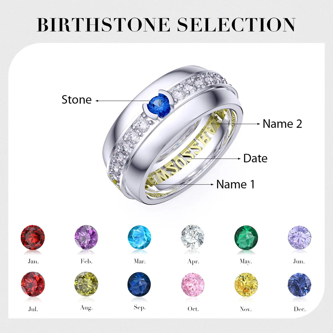 Premium Personalised Couples Names Date & Birthstones Ring