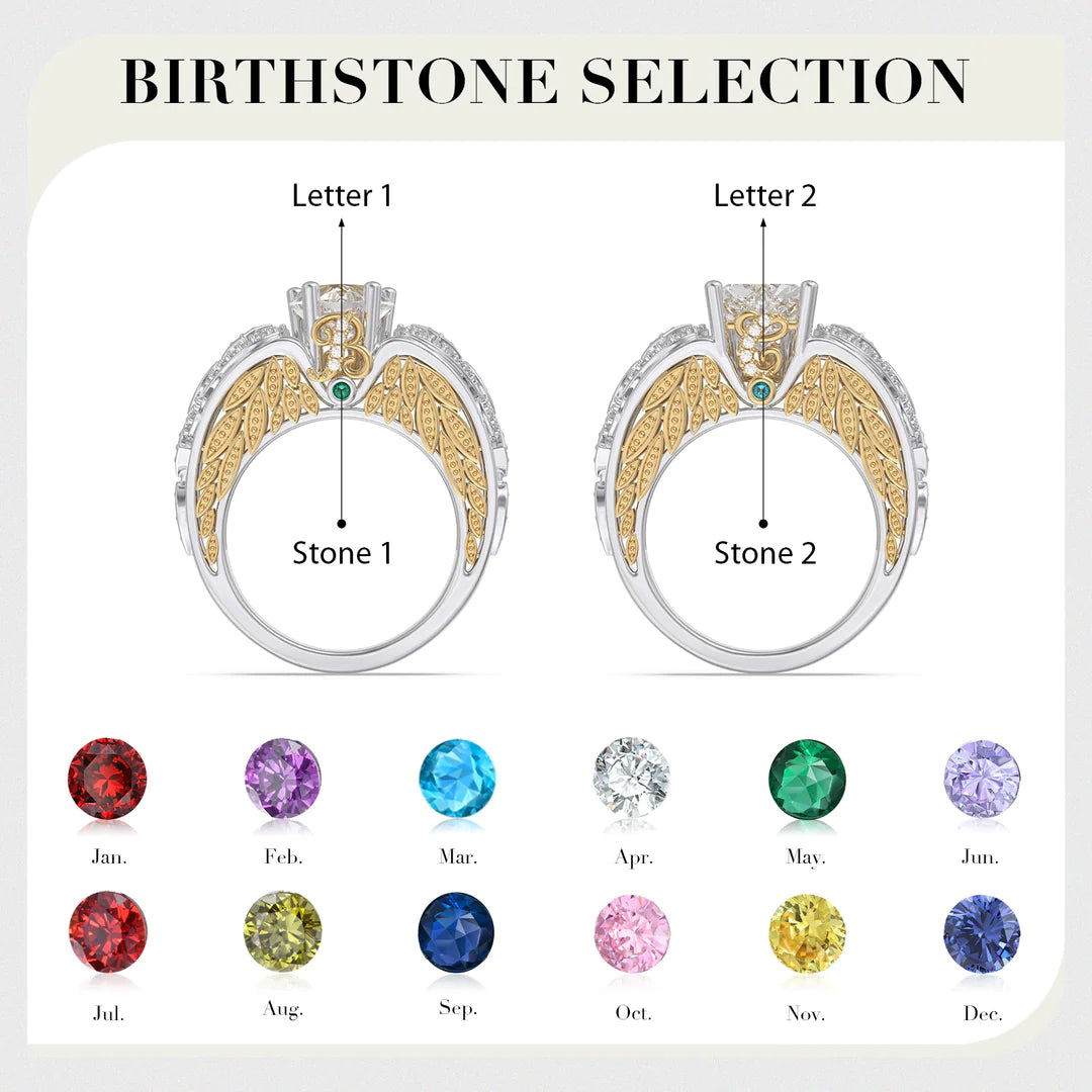 Premium Personalised Moissanite Angel Wings Initial & Birthstones Ring