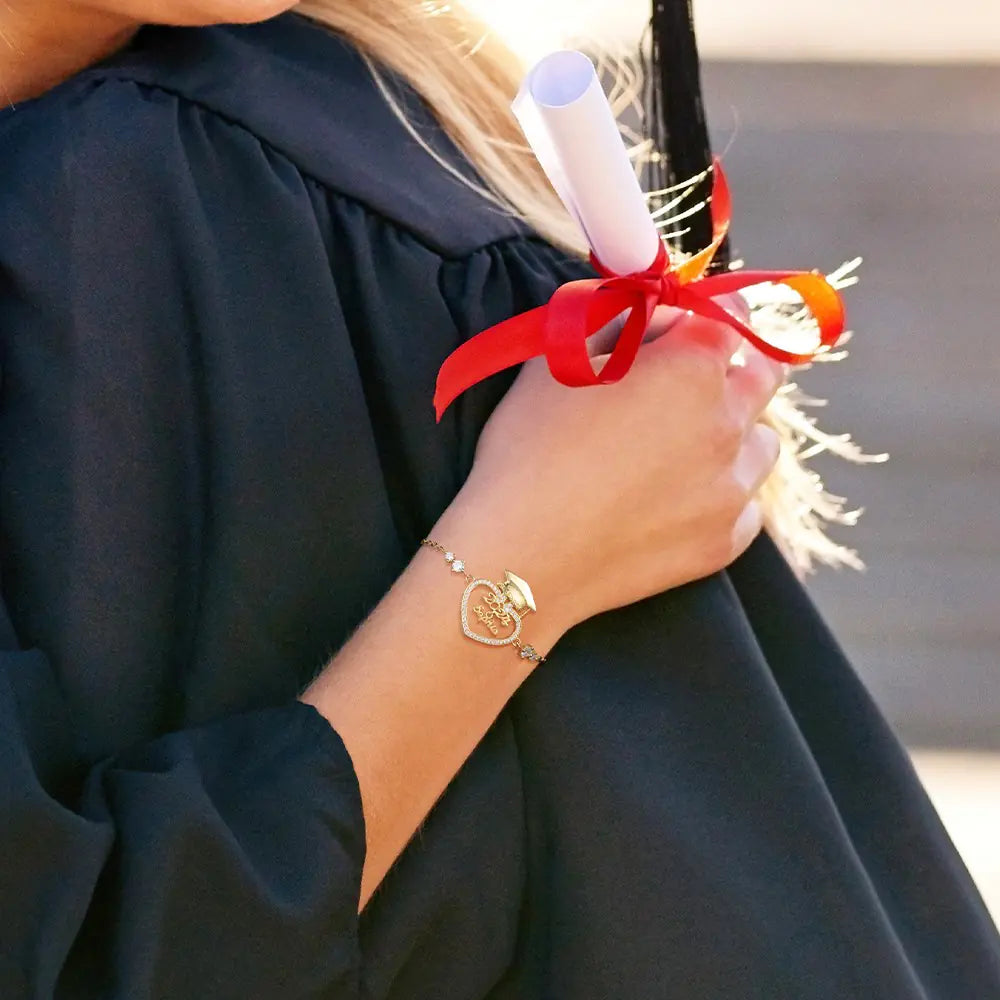 Personalised Graduation Mortar Board Hat Bracelet with Zircons