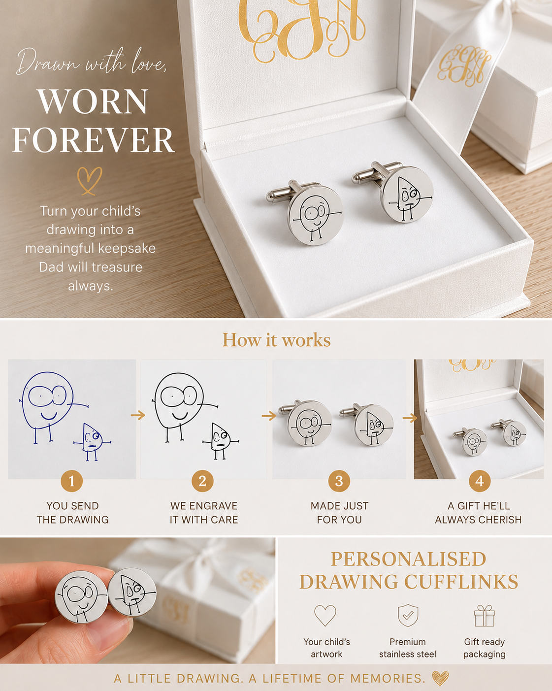 Personalised Kids Drawing Cufflinks | Custom Engraved Child Artwork Cufflinks