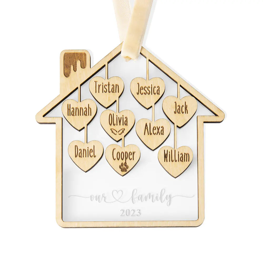 Personalised Wooden Acrylic Family House Christmas Tree Ornament 1-9 Names