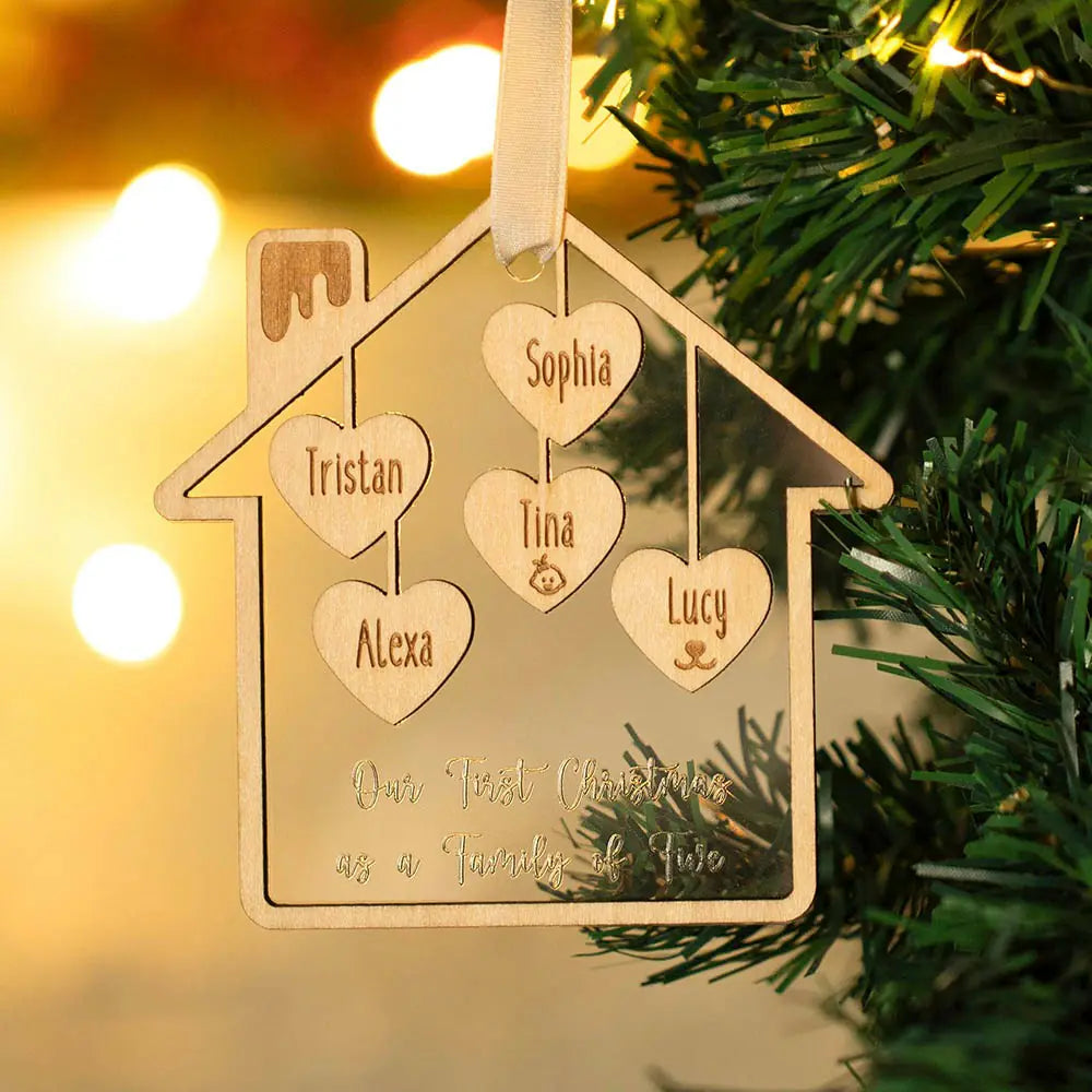 Personalised Wooden Acrylic Family House Christmas Tree Ornament 1-9 Names