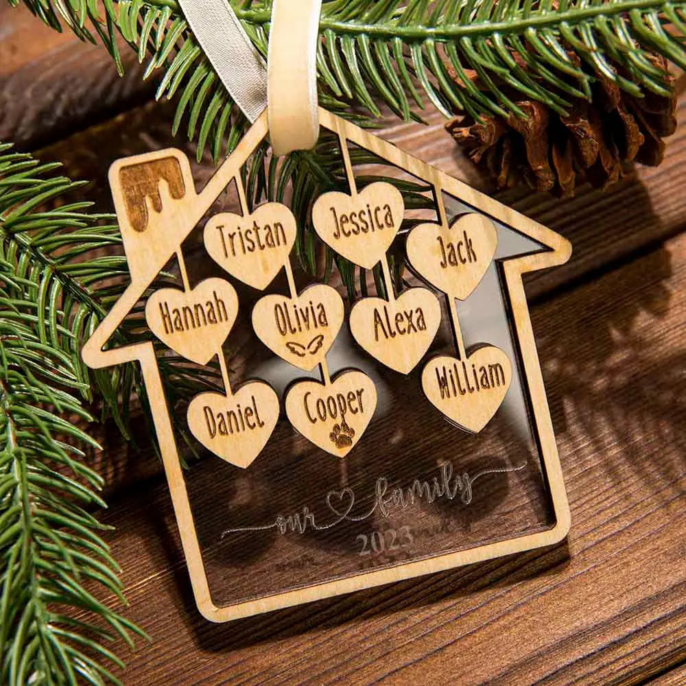 Personalised Wooden Acrylic Family House Christmas Tree Ornament 1-9 Names