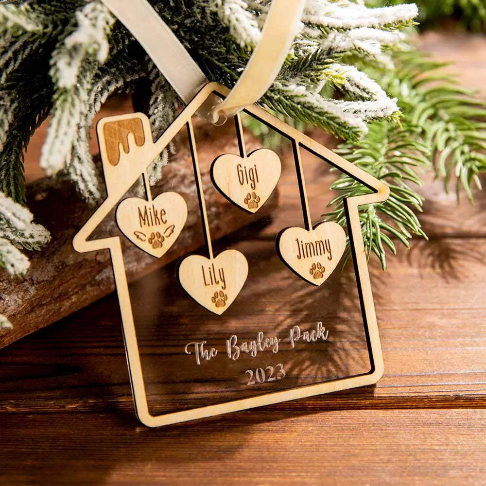 Personalised Wooden Acrylic Family House Christmas Tree Ornament 1-9 Names