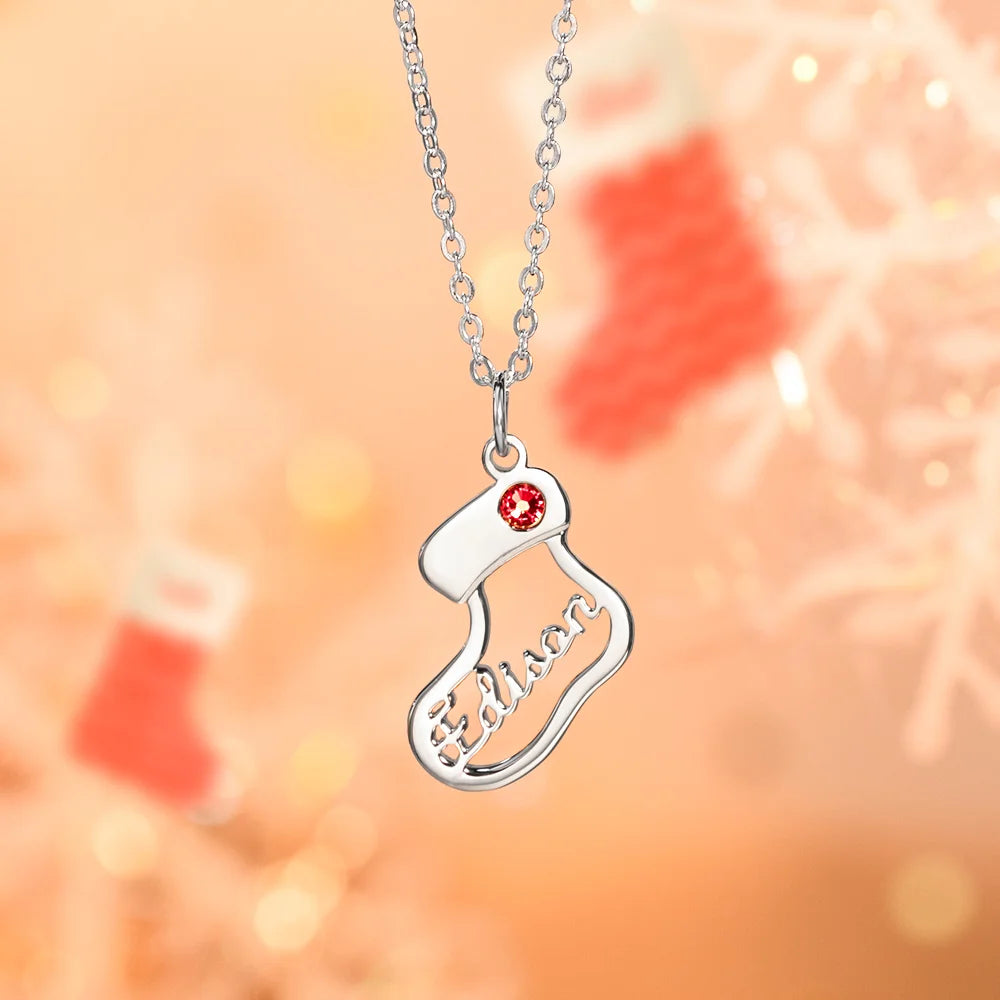Personalised Christmas Stocking Necklace with Birthstone