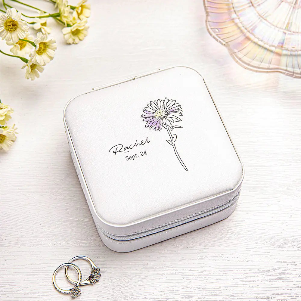 Watercolour Birth Flower Personalised Name & Date Jewellery Box Case