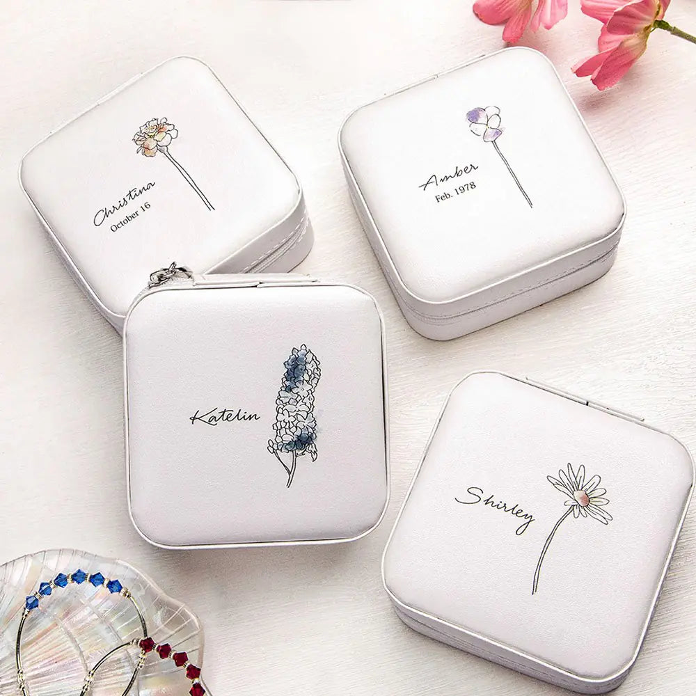 Watercolour Birth Flower Personalised Name & Date Jewellery Box Case