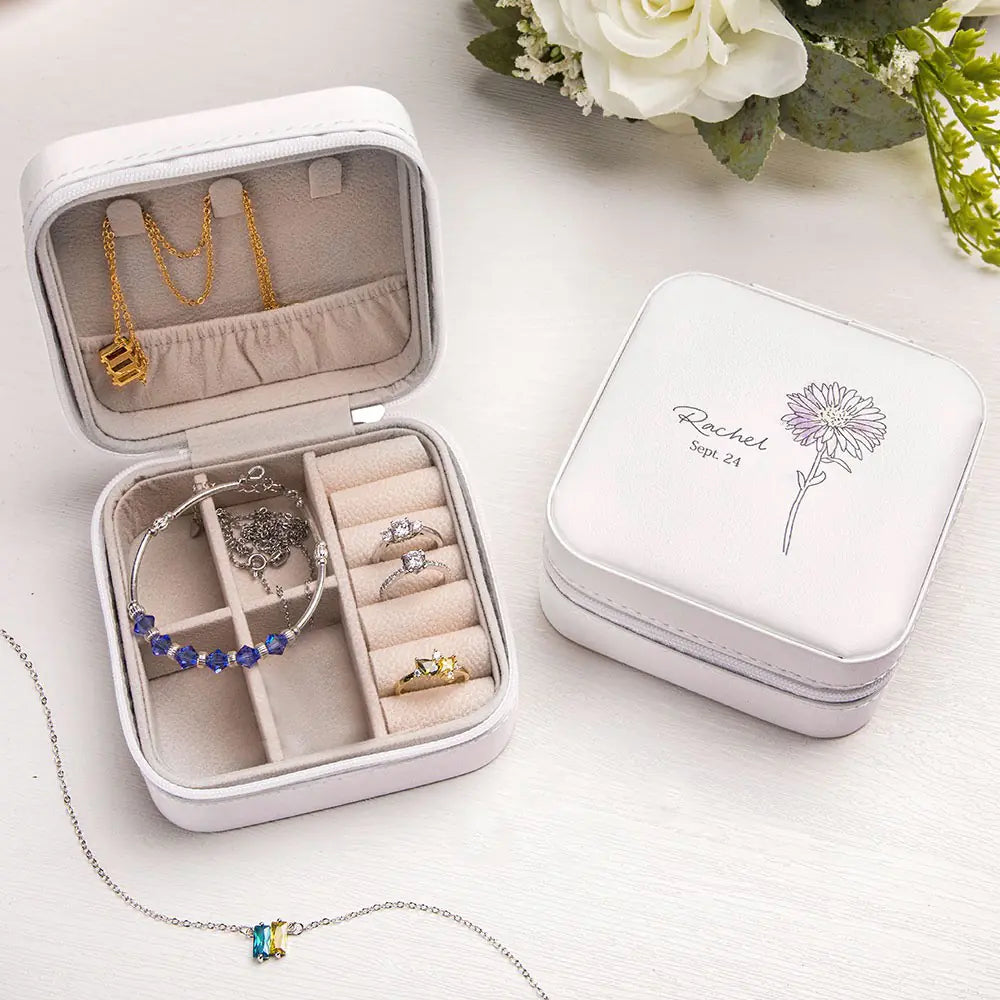 Watercolour Birth Flower Personalised Name & Date Jewellery Box Case