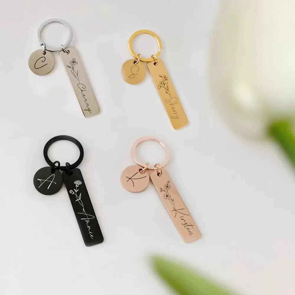 Personalised Birth Flower Name & Initial Keyring