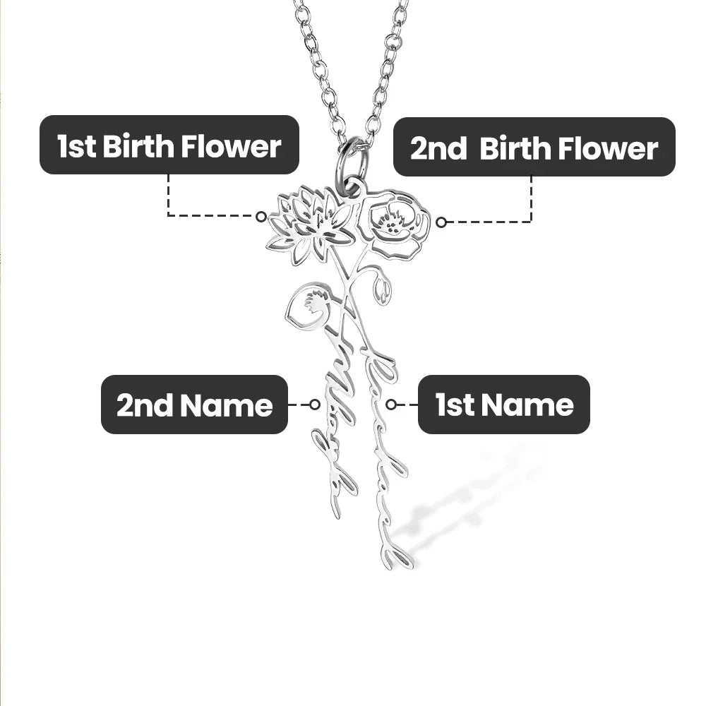 Personalised Birth Flower Two Flower Bouquet Necklace