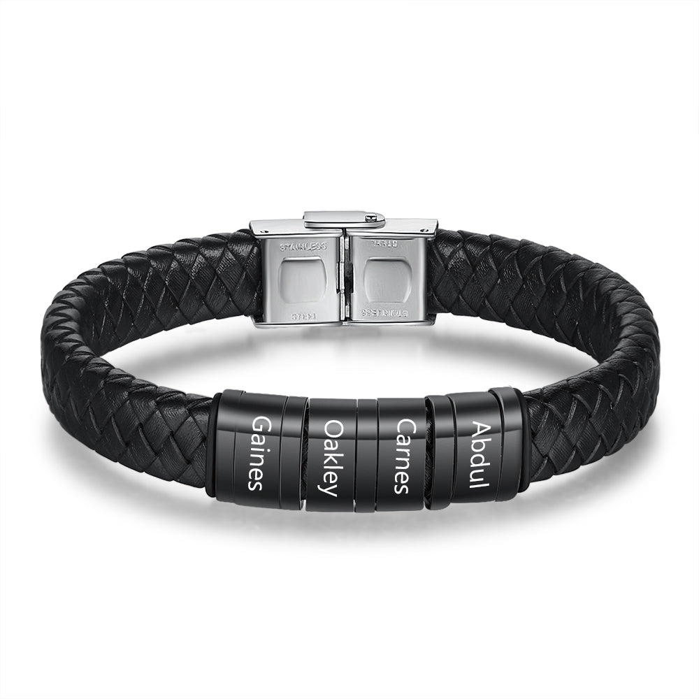Men's Personalised Leather Stainless Steel Names Bracelet