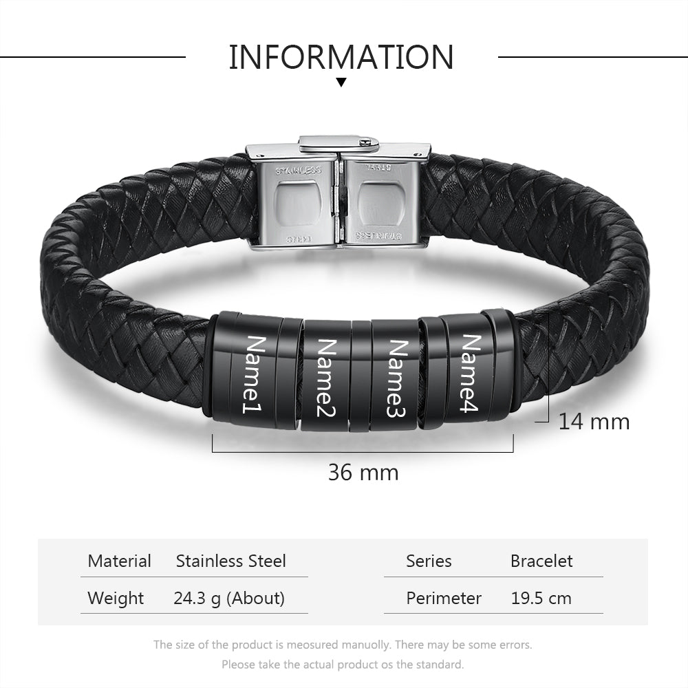 Men's Personalised Leather Stainless Steel Names Bracelet
