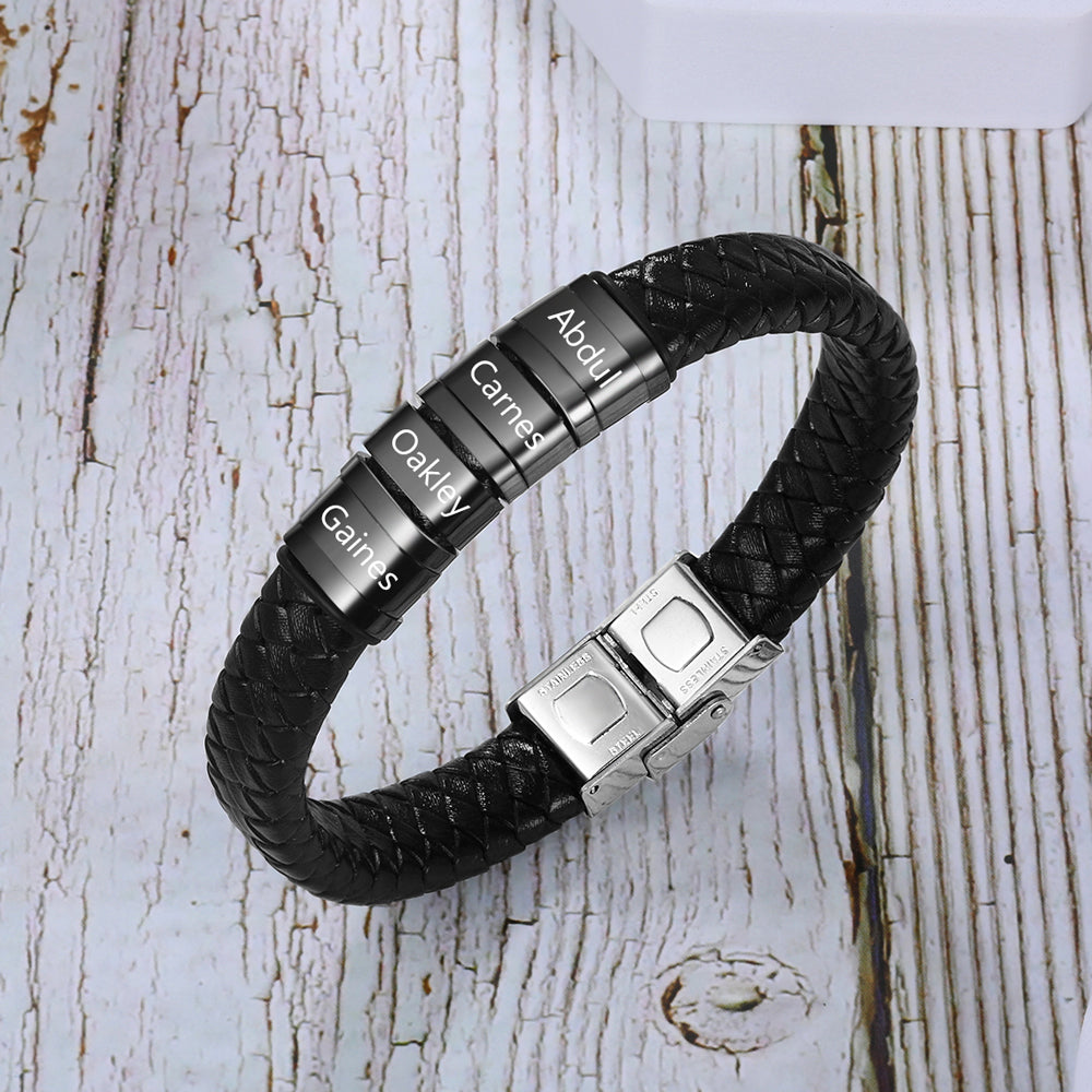 Men's Personalised Leather Stainless Steel Names Bracelet