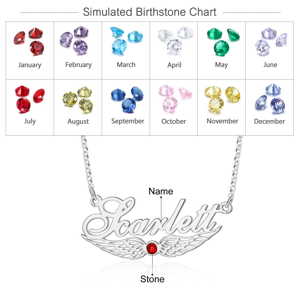 Personalised Angel Wings Name Necklace with Birthstone