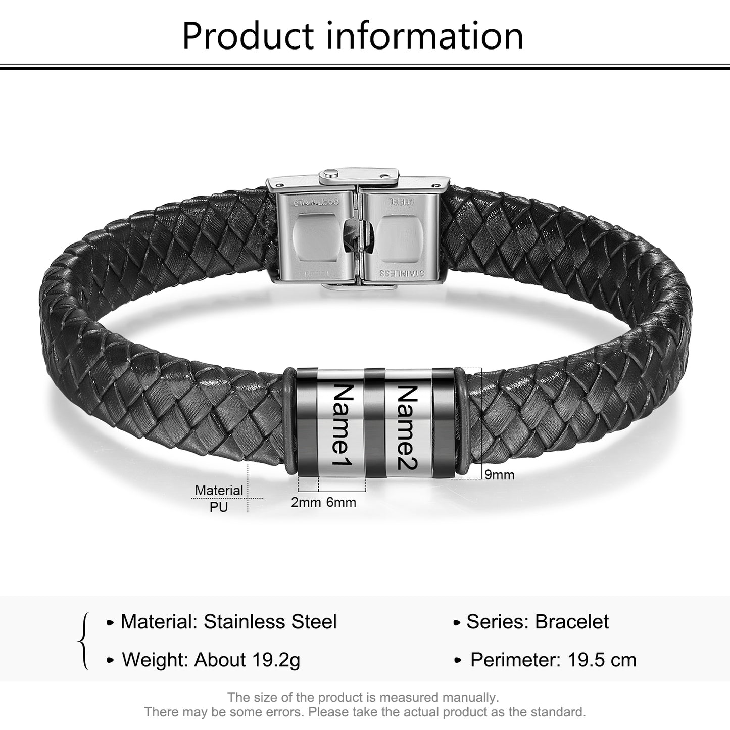 Men's Personalised Leather Stainless Steel Names Bracelet
