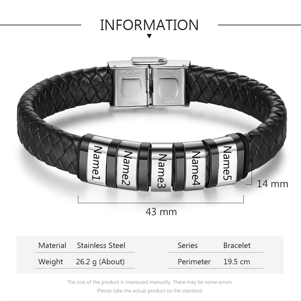 Men's Personalised Leather Stainless Steel Names Bracelet