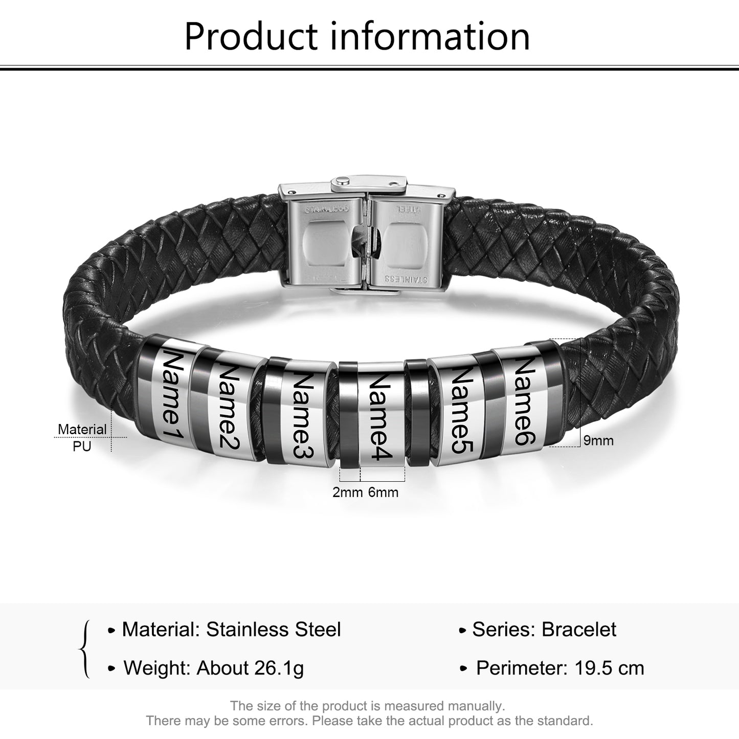 Men's Personalised Leather Stainless Steel Names Bracelet