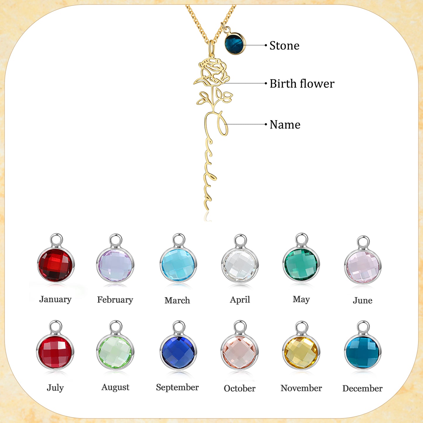 Personalised Birth Flower Name Necklace with Birthstone