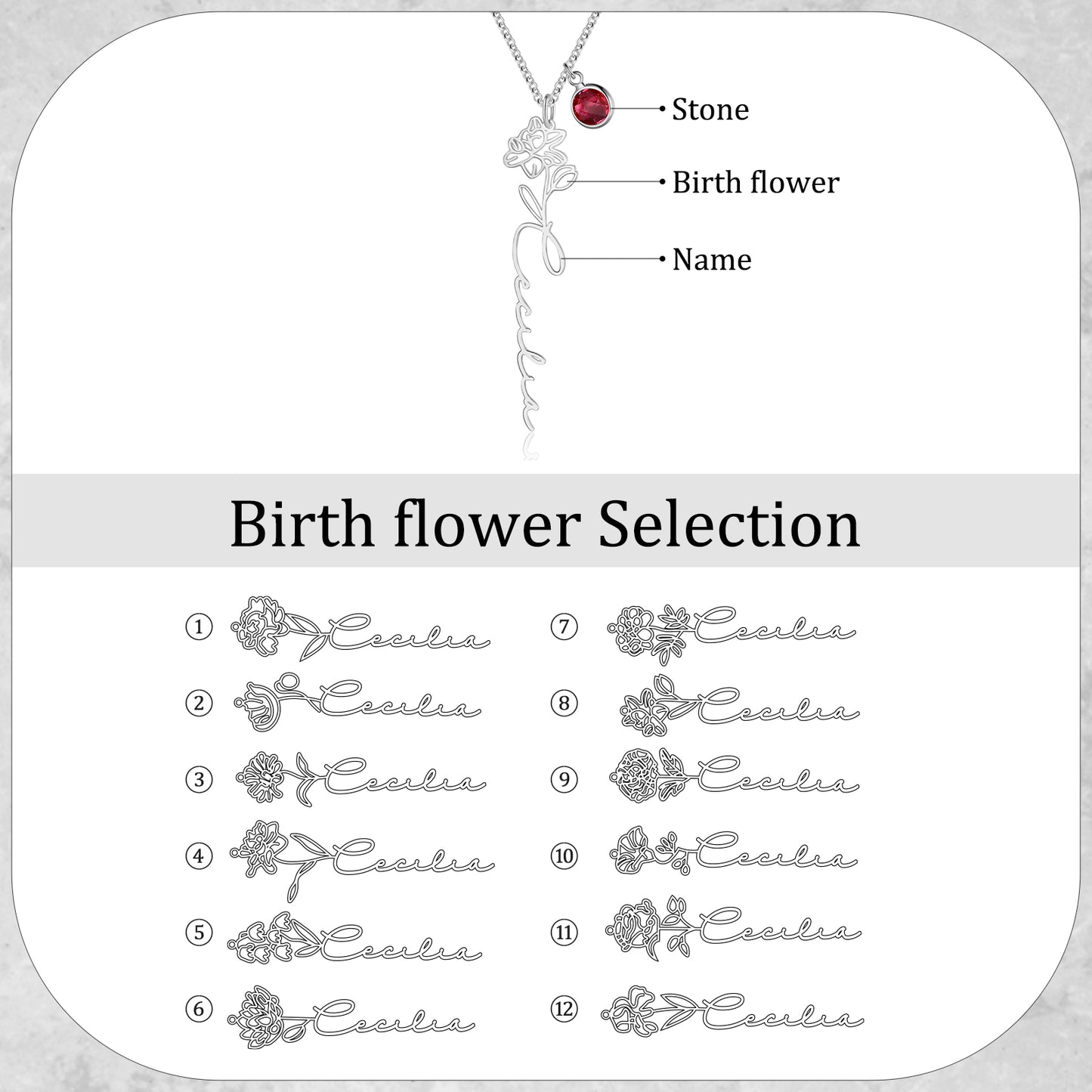 Personalised Birth Flower Name Necklace with Birthstone