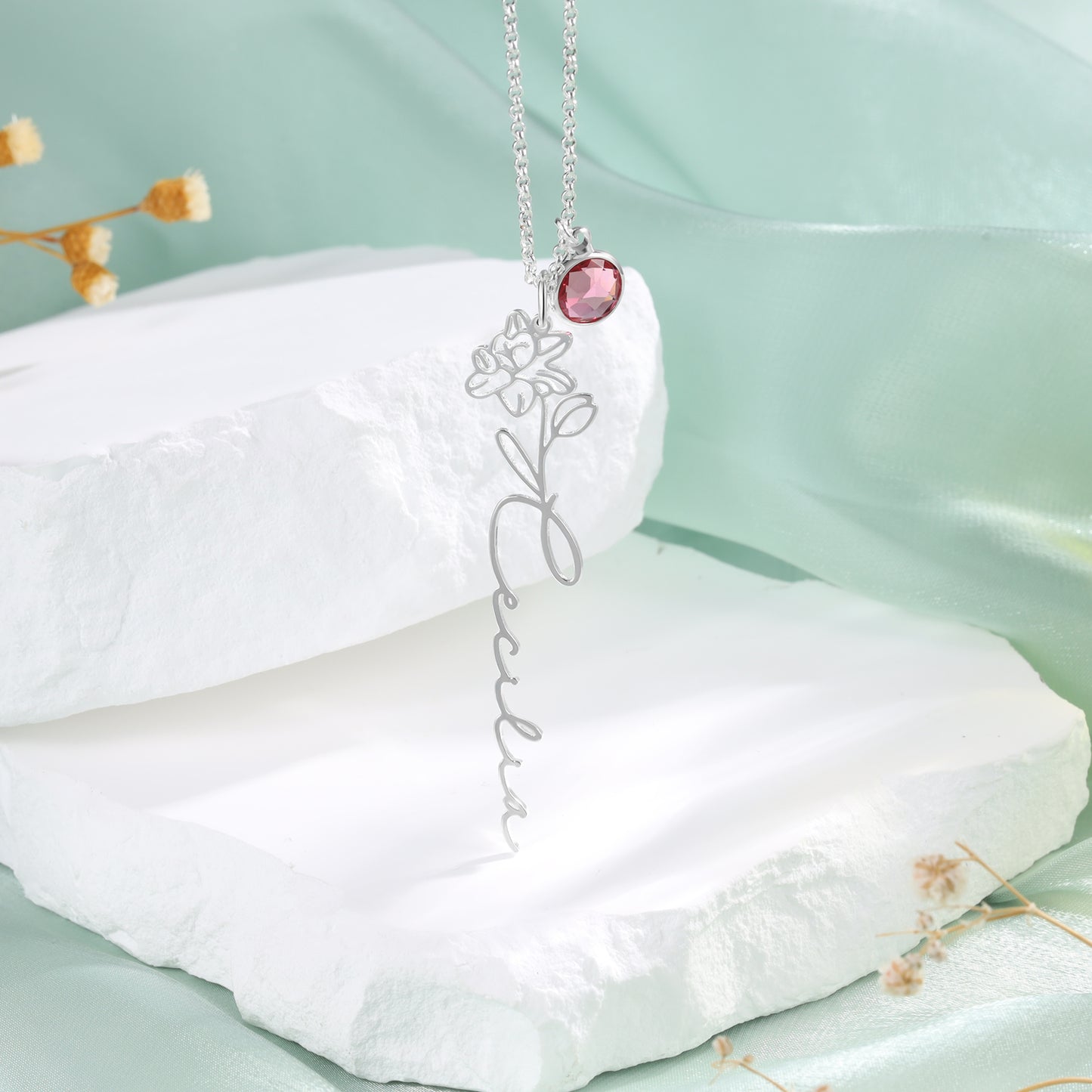 Personalised Birth Flower Name Necklace with Birthstone