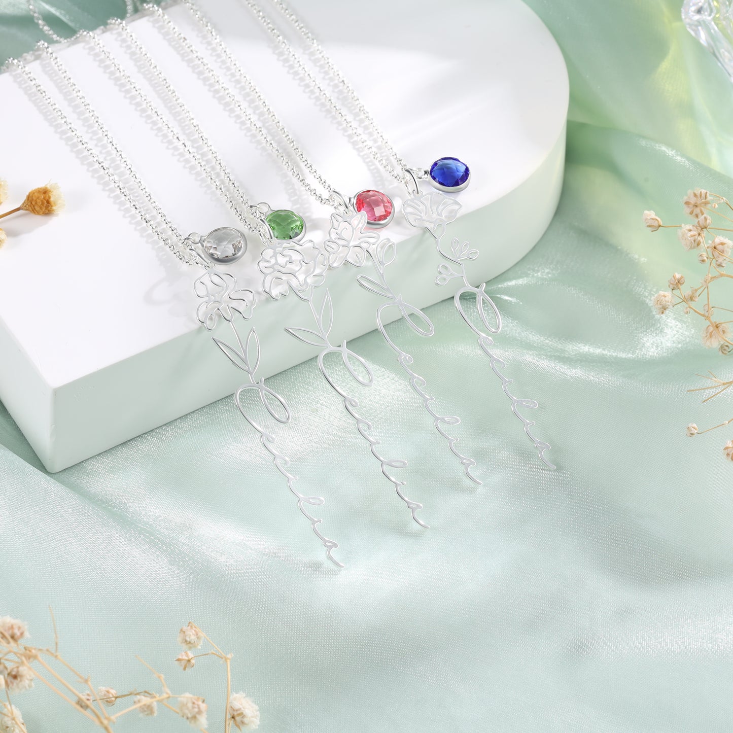 Personalised Birth Flower Name Necklace with Birthstone