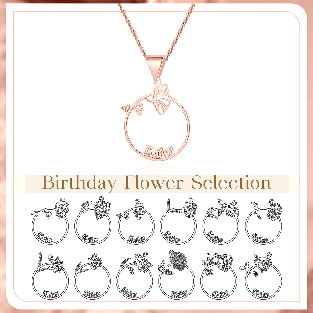 Personalised Round Birth Flower Name Necklace