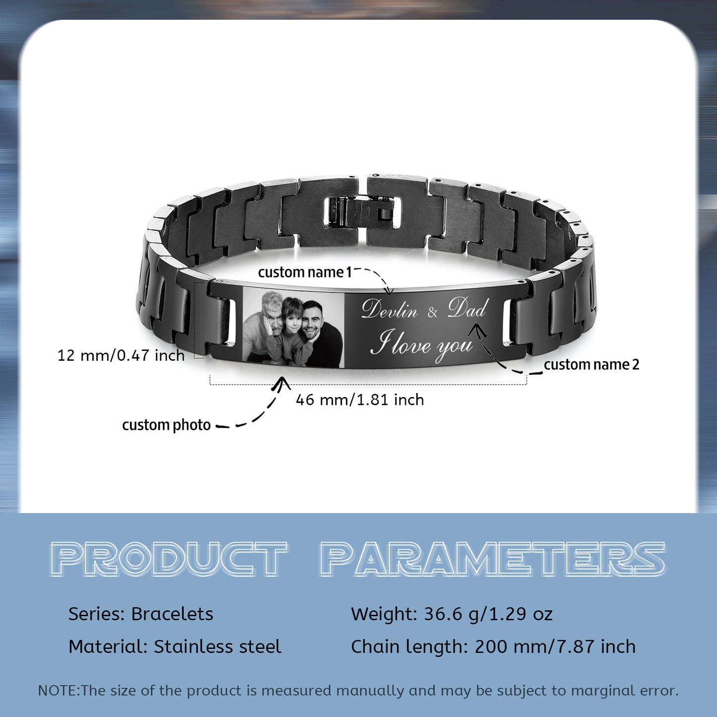 Men's Black Stainless Steel Personalised Black Bracelet