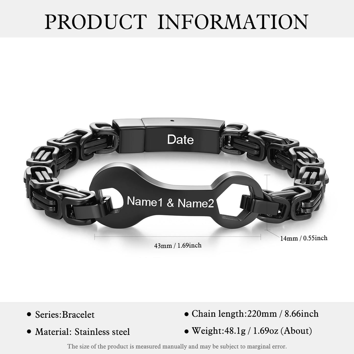 Men's Black Stainless Steel Personalised Spanner Bracelet